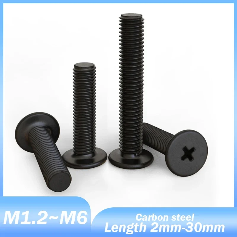 Black CM Phillips Screw M1.2 M1.4 M1.6 M2 M2.5 M3 M4 M5 M6 Carbon Steel Thin Flat Head Cross Screws for Laptop Bolts