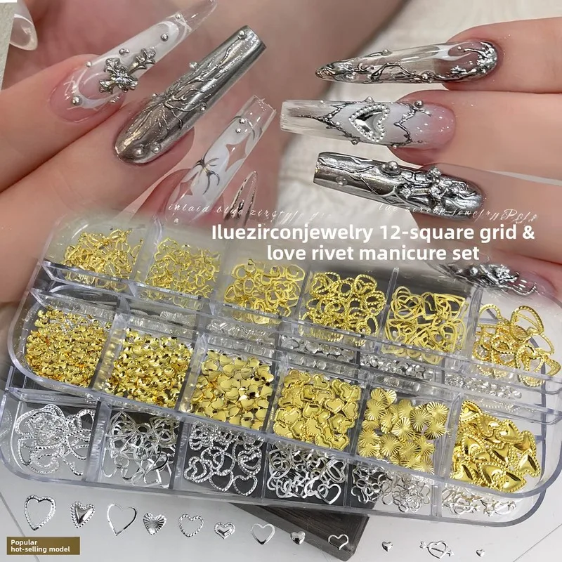 LYLE 12 Grid Gold Silver Hollow Heart Rivet Alloy Nail Charms Set Cross Border New Wholesale Mini Decor Bling Jewelry Mix DIY 3D