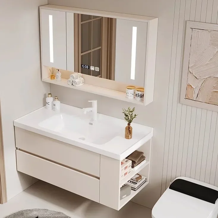 Bathroom Vanity with Ceramic Sink Modern Wood Frame Bathroom Cabinet Vanity with Open Bottom Shelf Side Storage Elegant
