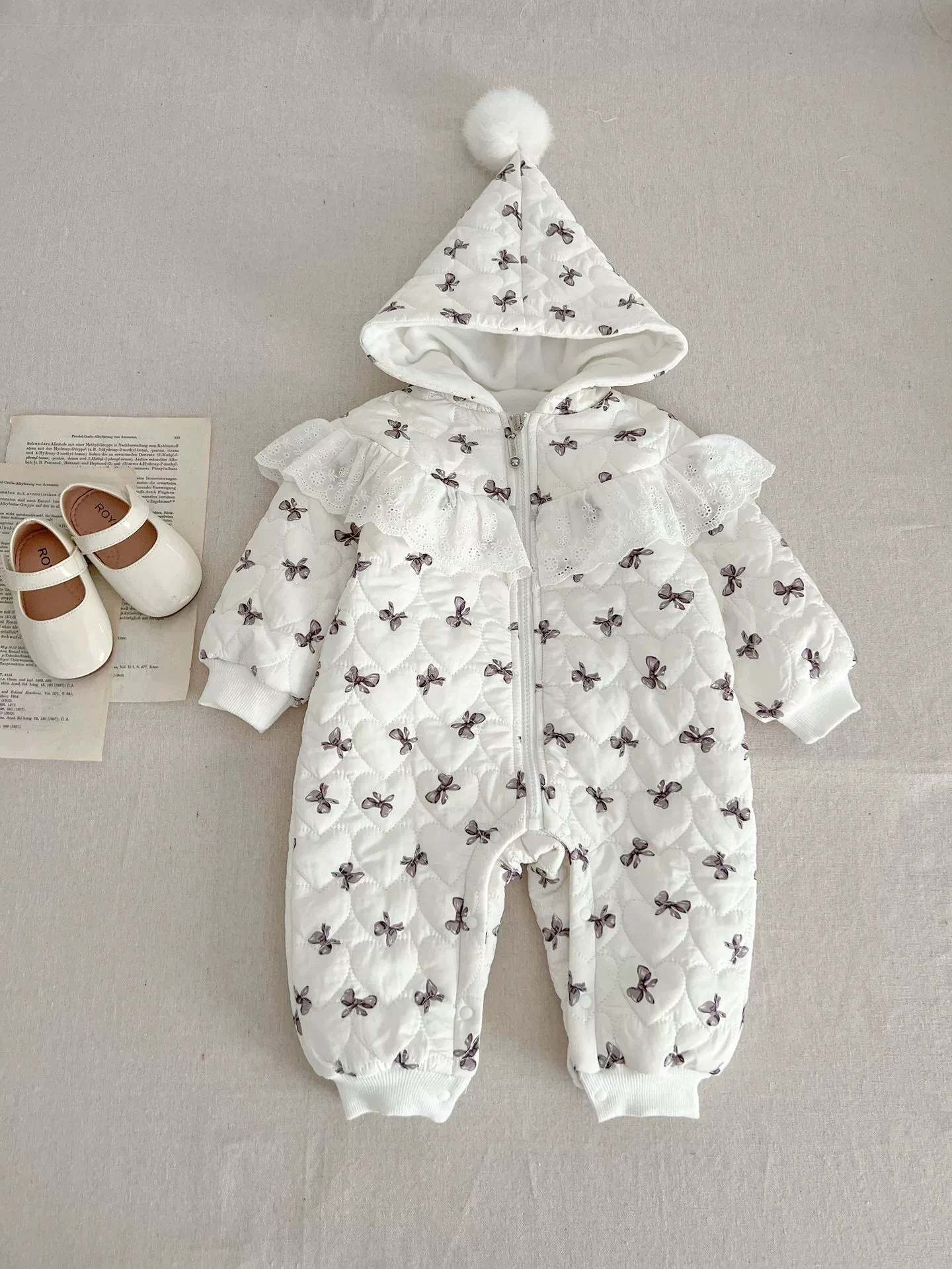 Baby Winter Romper Cotton Clothes for Infants and Young Children with Added Velvet Princess Floral Thickened Outdoor Jumpsuit