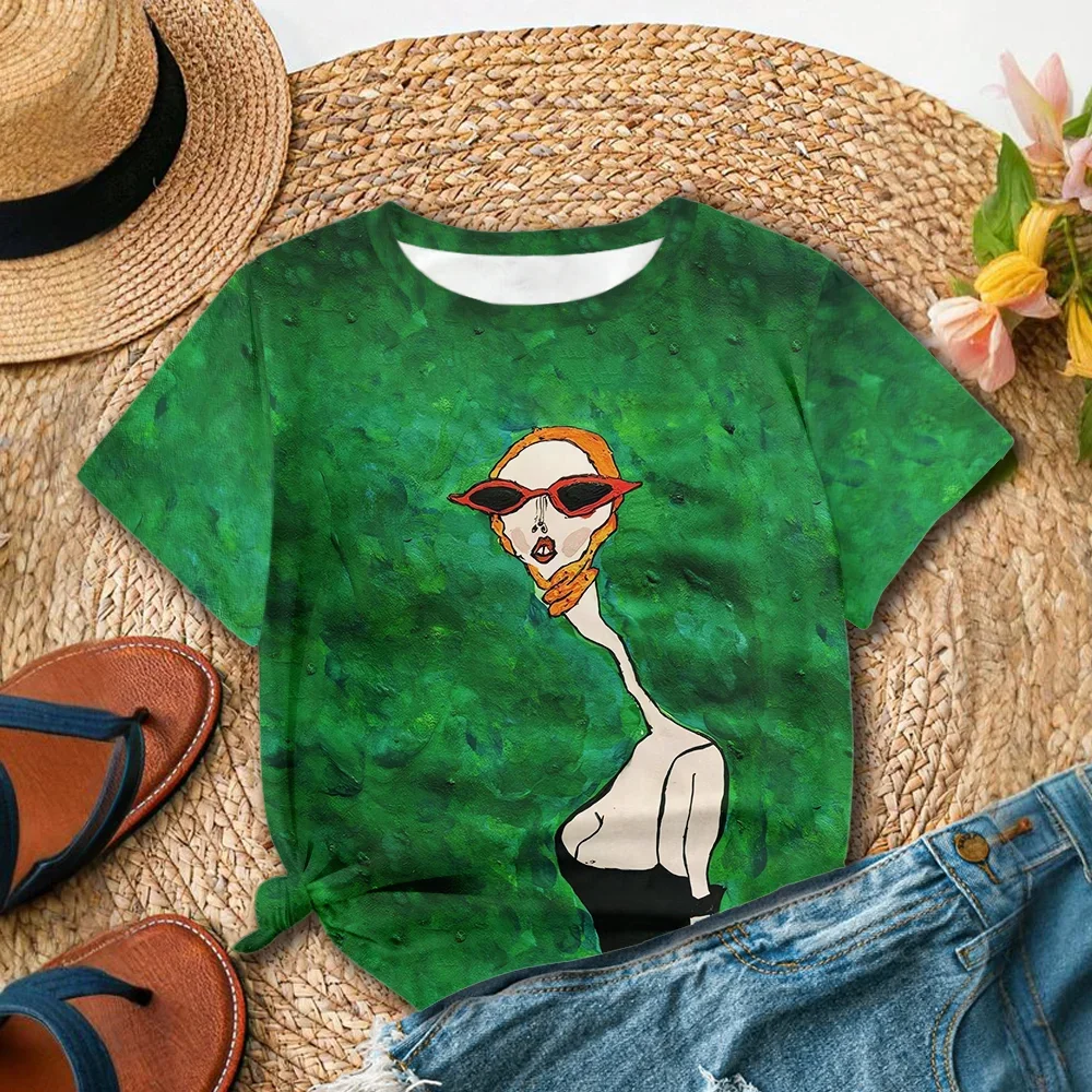 เสื้อยืดสีเขียวของผู้หญิงพร้อมแว่นกันแดดสีแดงพิมพ์ลายศิลปะลำลองสไตล์ฤดูร้อนคอกลมแขนสั้นสำหรับสวมใส่ทุกวัน