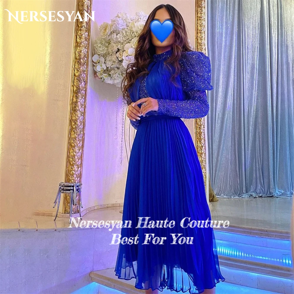 Nersesyan vestido de noche Formal con purpurina azul real, vestido de graduación plisado de cuello alto, mangas abullonadas brillantes, vestidos de fiesta Pagenat