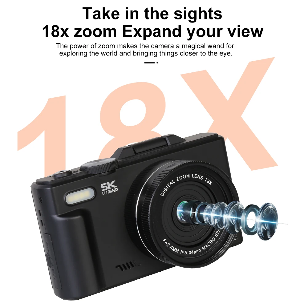 Ourlife Compact Vlog Travel Camara 180 °   شاشة كاميرا رقمية 5K مدمجة في فلاش متعددة الوظائف وخفيفة الوزن للتصوير الفوتوغرافي