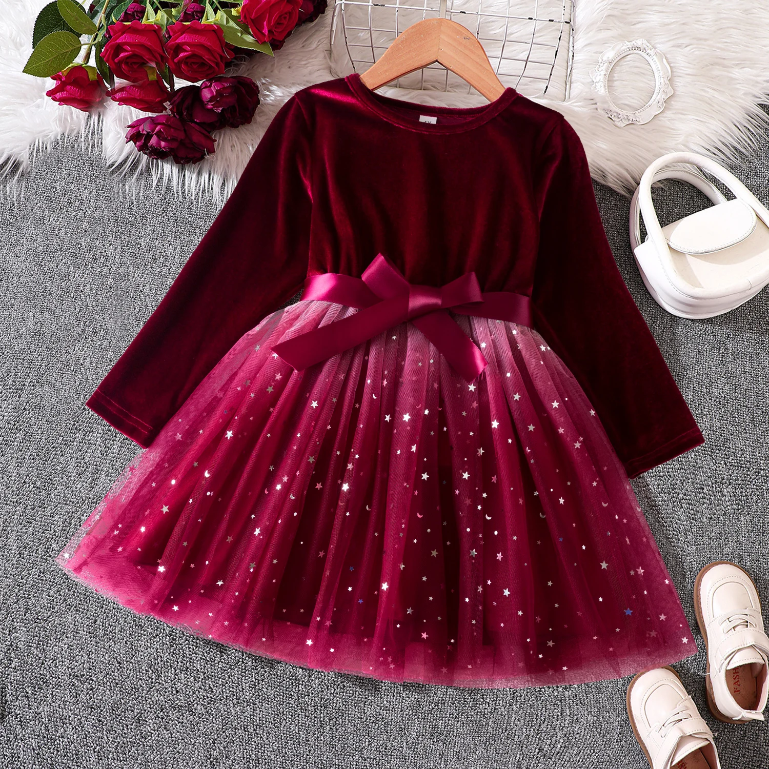 2024 New Girls Dress Autumn Winter Long Sleeve Bow Sequin Princess Dress 3-8 Yrs Kids Christmas Birthday Party New Year Costume