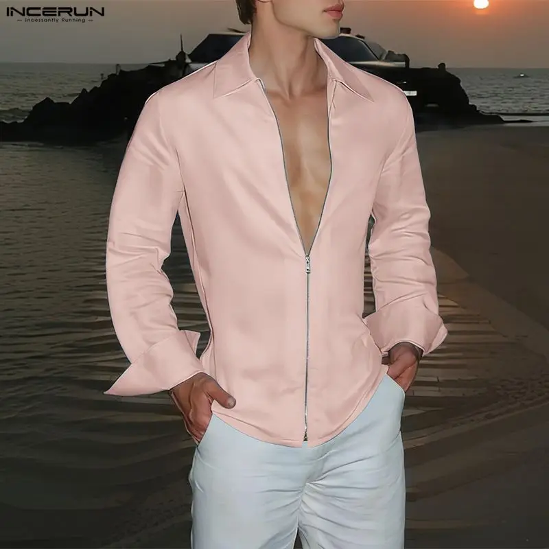 

INCERUN Men Shirt Lapel Long Sleeve Zipper Solid Color Casual Men Clothing Streetwear Spring 2026 Fashion Leisure Tops Camisas
