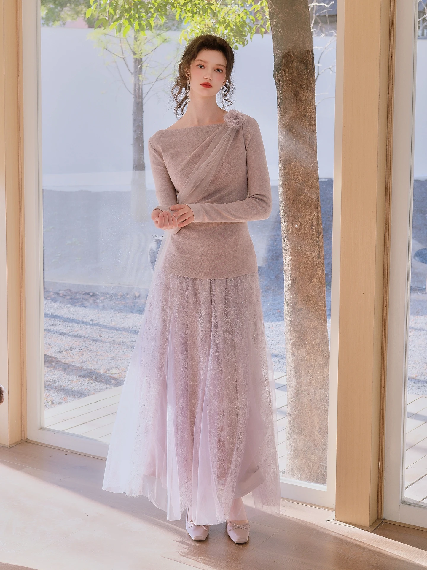 

Романтический комплект из топа и юбки с сетчатым дизайном, юбка в стиле Питер Пэн, французский модный зимний наряд