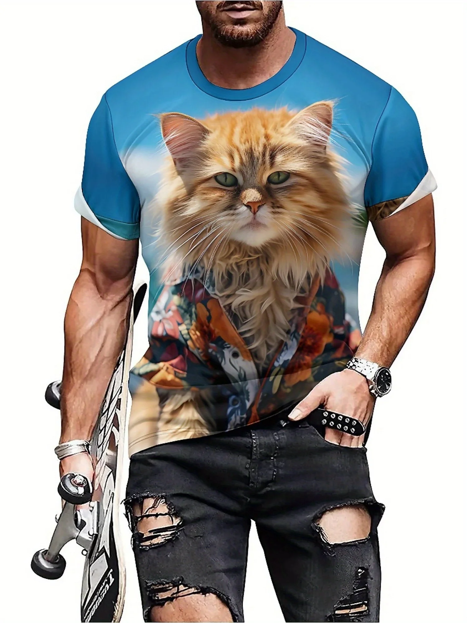 Men's & Women's 3D Printed Cat Art Short Sleeve T-Shirt - Soft Polyester Fabric, Vibrant Geometric Patterns