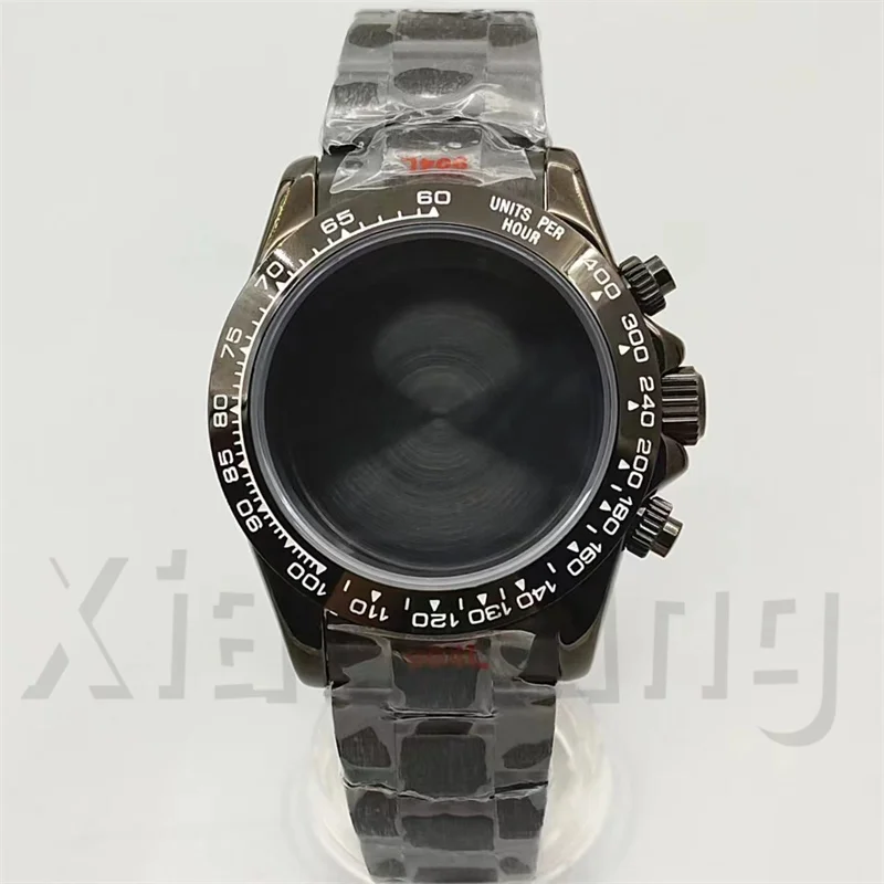 39mm Full Black VK63 Watch Case Stainless Steel Sapphire Crystal For VK63 VK64 Quarzt Movement Men\'s Watches Parts 20mm Bracelet