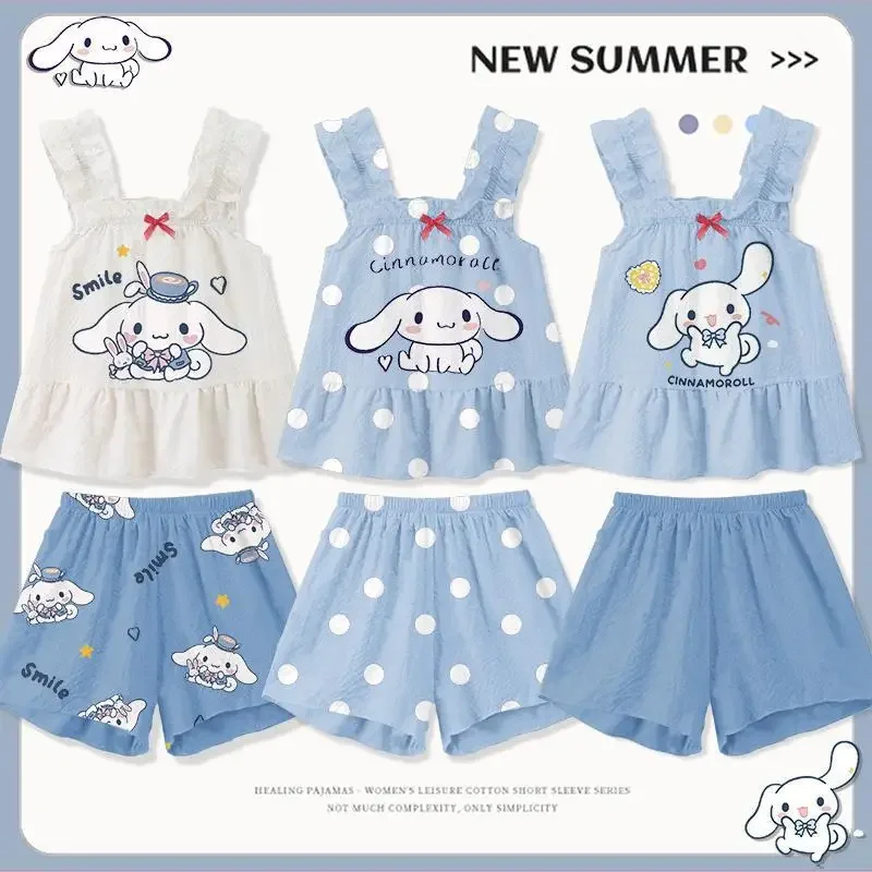 Sanurgente Cinnamoroll Ensemble de pyjama caraco pour filles, short en émail, vêtements d'intérieur mignons, vêtements de détente d'été trempés, Hello Kitty, 2 pièces par ensemble