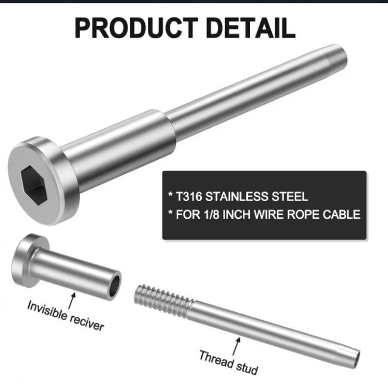 

Stainless Steel Invisible Receiver and1/8Punching Bolt End for Inch Cable Railing Wood and Metal Column