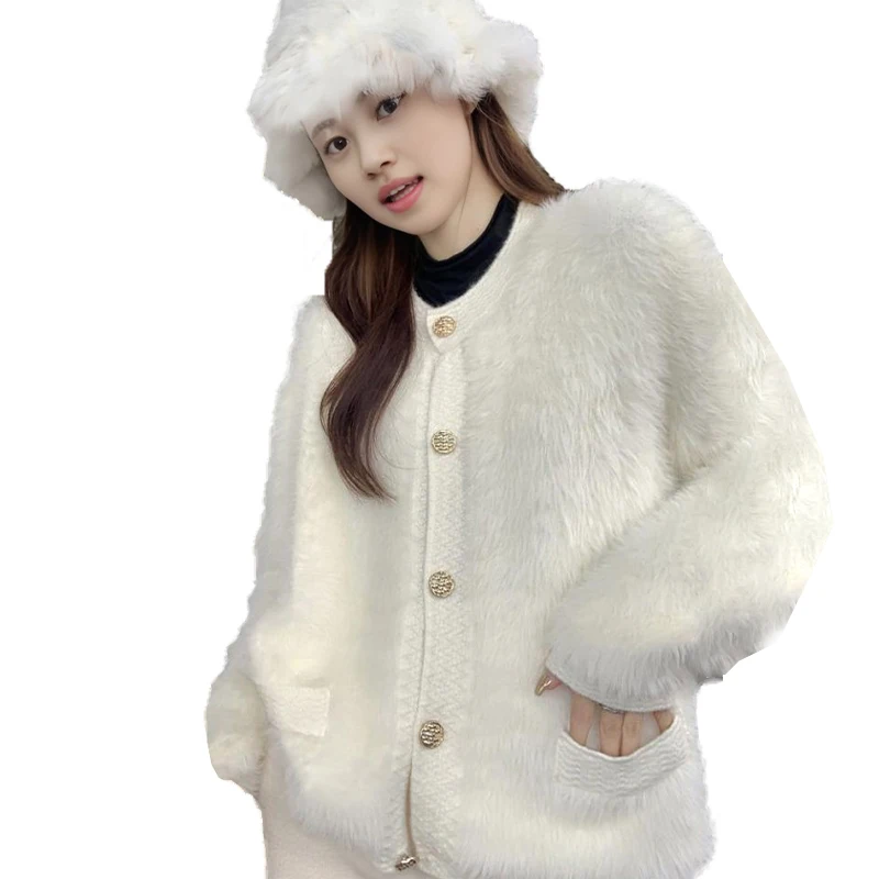 Lazy wind imitation mink wool knitted cardigan jacket small fragrance short sweater women