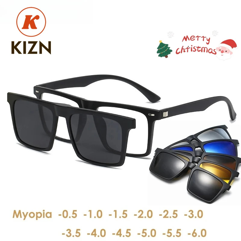 KIZN 스포츠 근시 편광 자석 선글라스 남녀 클립온 안경 사각 광학 안경 6 in 1 안경테 -0.5 ~