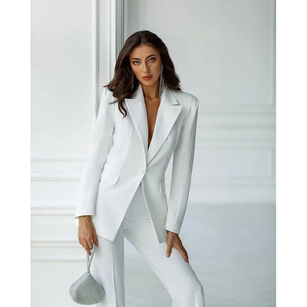 New White Elegant Single Button Women Pants Set High-end Female Two Pieces(Jacket+Trousers)أطقم بناطيل