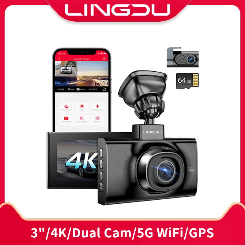 

LINGDU LD02 Lite Dashcam for Car 4K Dash Cam 3'' IPS Screen Dual Cam Built-in GPS WIFI Car DVR Voice Control 24H Parking Mode