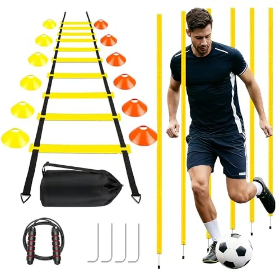

Agility Training Set for Soccer and Football - 20Feet Speed Ladder, 12 Cones, and Training Aids for Youth Sports Practice, Foot