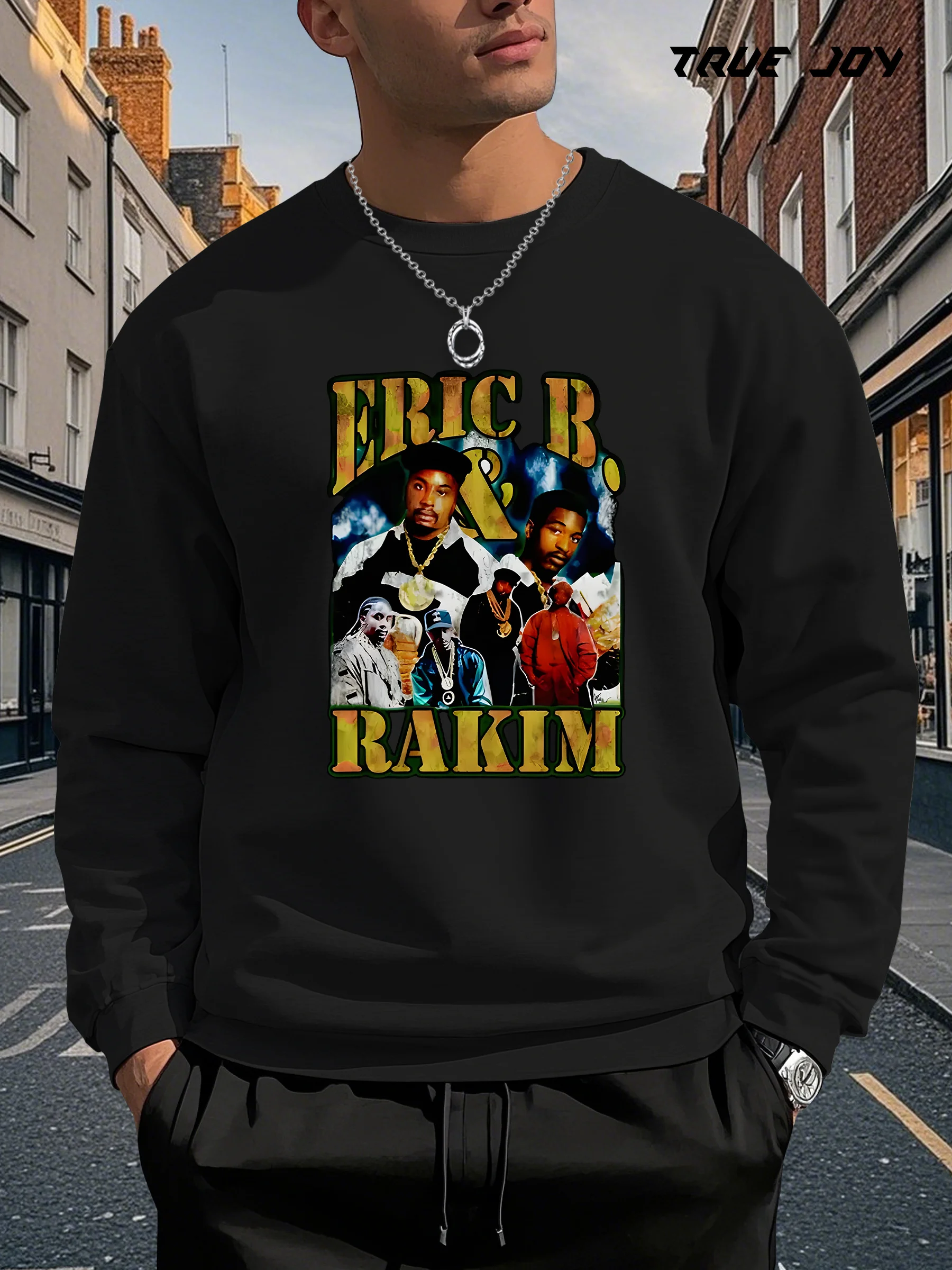 سويت شيرت برسومات Eric B & Rakim للرجال - بلوفر أسود كاجوال بأكمام طويلة مع طباعة نابضة بالحياة، فضفاض مناسب للخريف والشتاء