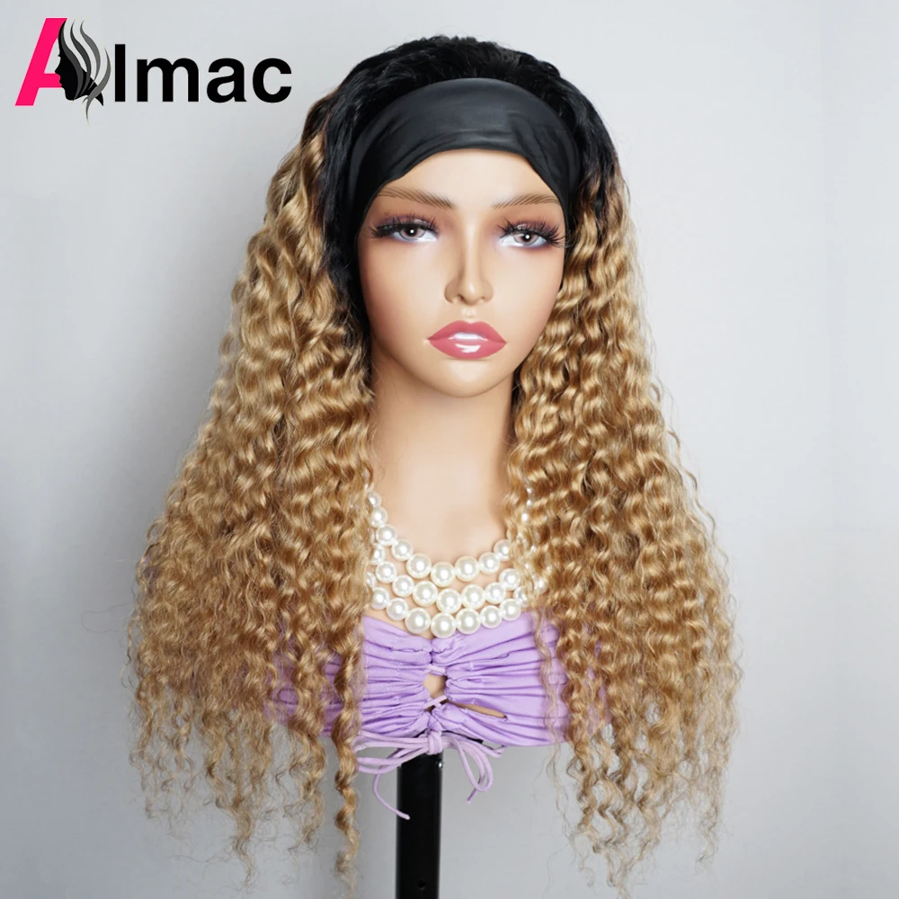 

1B 27/30 Honey Ombre Blonde Deep Wave Headband Human Hair Wigs For Women Brazilian Remy Hair None Lace Full Machine Made Wig