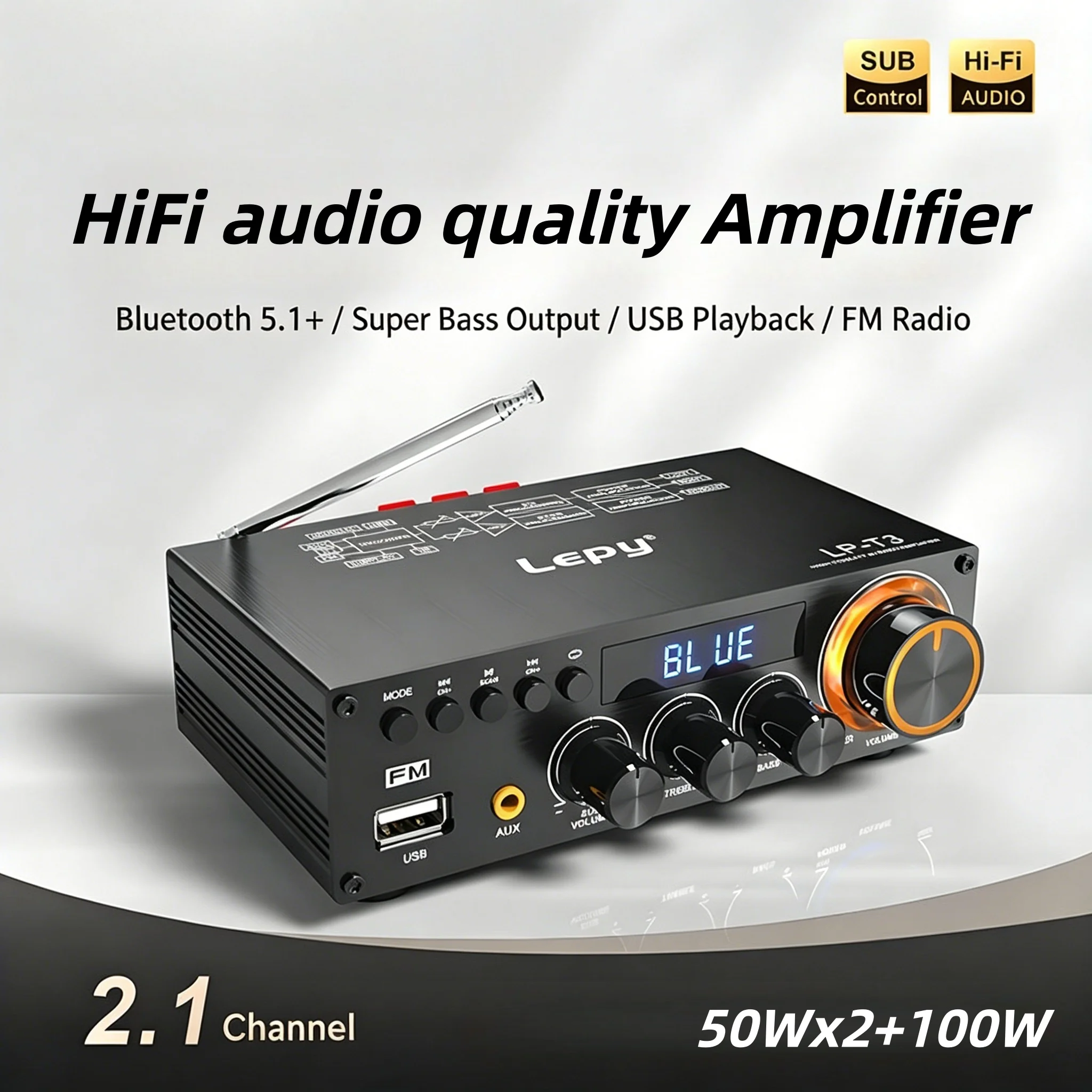 

Усилитель Lepy-T3, мощный Hi-Fi звук, 2.1-канальный, Bluetooth 5.1+, коаксиальный, 50 Вт×2+100 Вт, с сабвуфером, для дома/автомобиля, USB, SUB, FM
