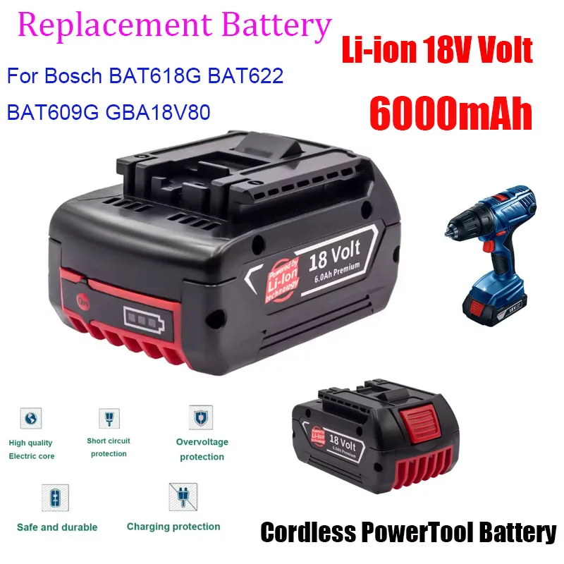 

18650 Battery 18V 6.0A Rechargeable Li-ion Battery For Bosch 18V Power tool Backup Portable Replacement BAT609 Indicator light