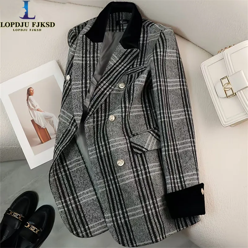 2025 Autumn Winter New Blazer Coats Women's Woolen Jackets Long Sleeve Plaid Print Vintage Thick Outerwears Elegant Jaqueta