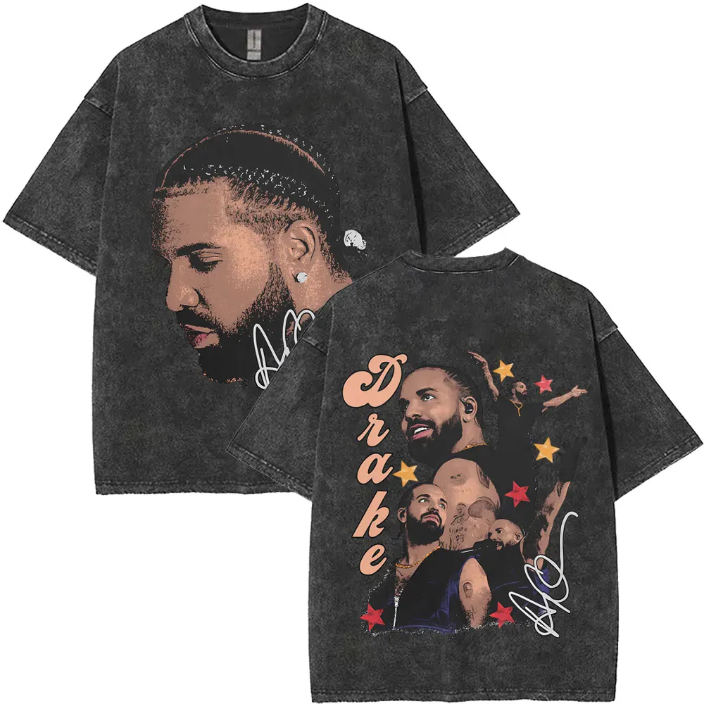 

Washed Vintage Rapper Drake Face Graphic T-shirt Men Women Hip Hop Fashion Pop Music T-shirts Men's Cotton Oversized T Shirts