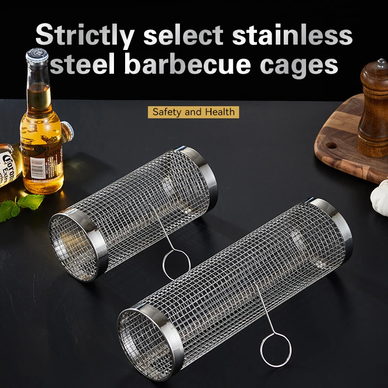 BBQ Basket Stainless Steel Rolling Grilling Basket Wire Mesh Cylinder Cylindrical Portable Round Outdoor Camping Barbecue Rack