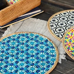 Nordic Rattan Decorative Tray Handwoven Wicker Home Decor with Ethnic Insulation Mat for Southeast Asian Inspired Wall Art