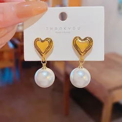 Jea.Angel New Simple Heart-Shape Pearl Earrings For Women Gold Color Personality Earrdrop Korean Fashion Jewelry Birthday Gifts