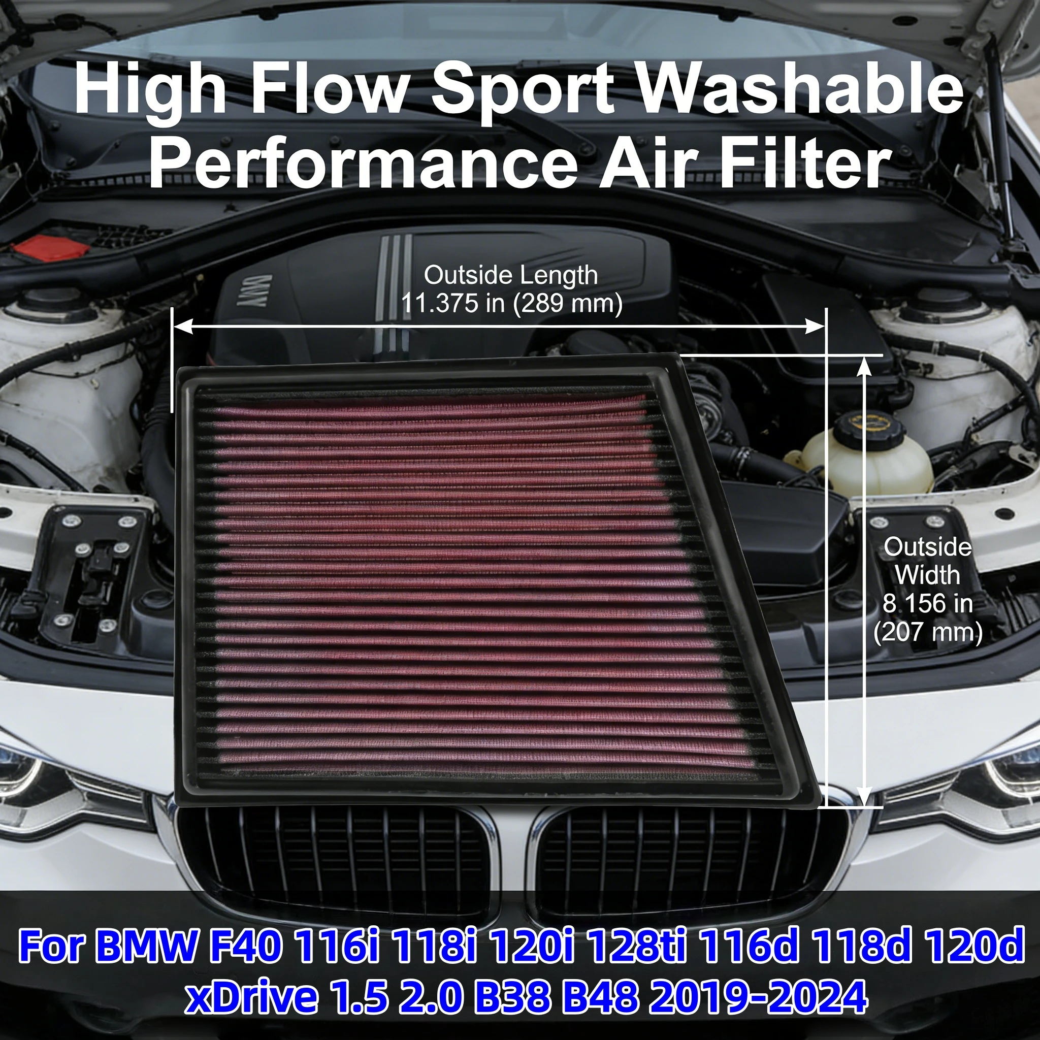 

Для BMW F40 116i 118i 120i 128ti 116d 118d 120d xDrive 1.5 2.0 B38 B48 2019-2024 Высокопроизводительный спортивный моющийся воздушный фильтр с увеличенным потоком