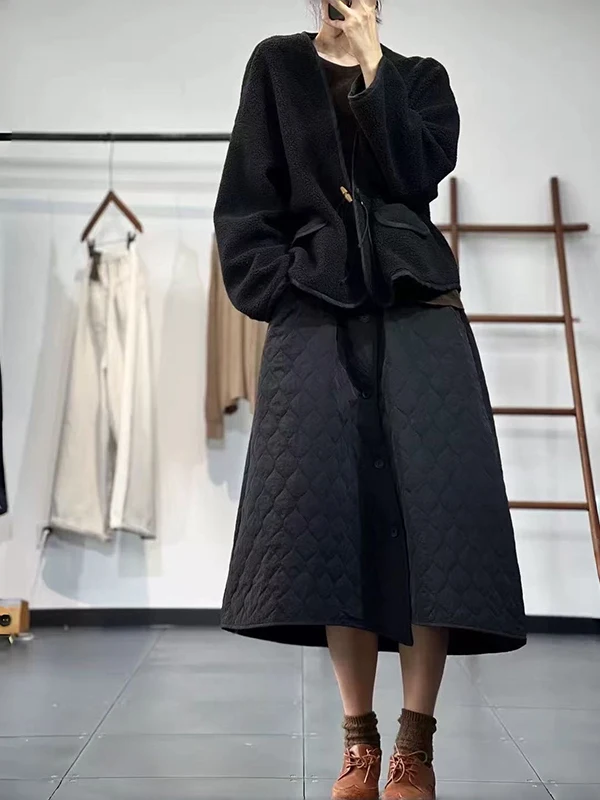 Faionable coréen Sle hiver marque femmes coton matelassé diamant id simple rangée inclinée bleu f jupe jupe Midi