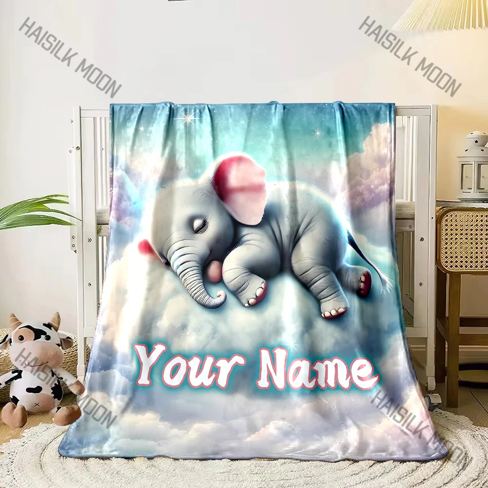 

(Memo U Name) Customized Name Personalized Blanket Sleeping Elephant on The Cloud Print Warm Comfortable Blanket for Kids Gifts