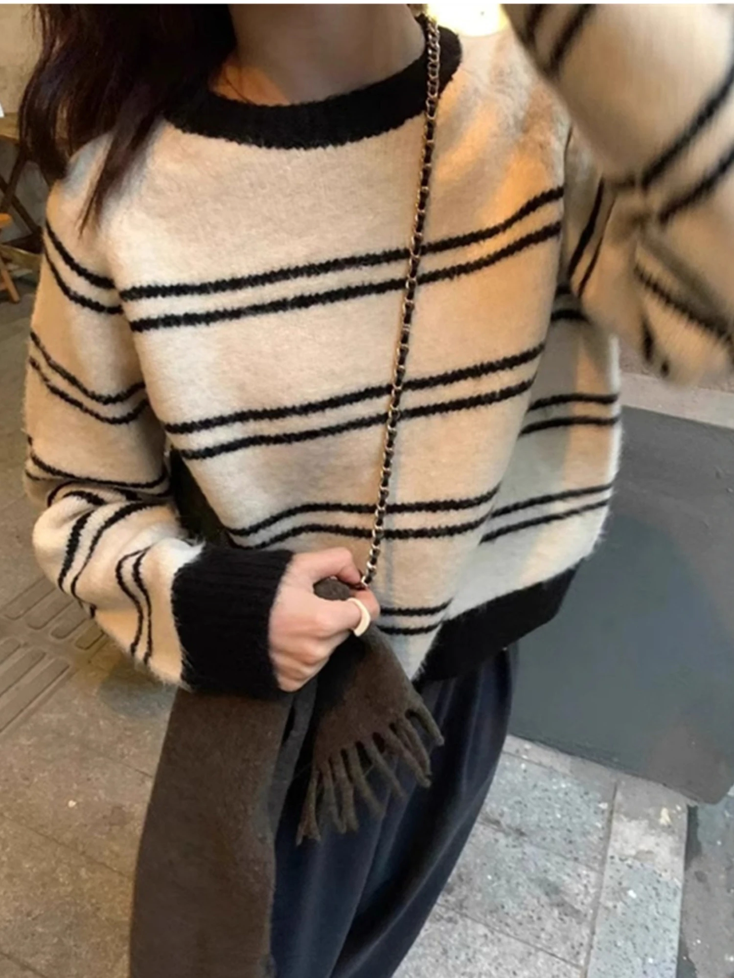 Soft Plush Bear Short Thickened Overhead Striped Sweater Women's Autumn Winter Inner Wear Small Size Base Knitted Shirt
