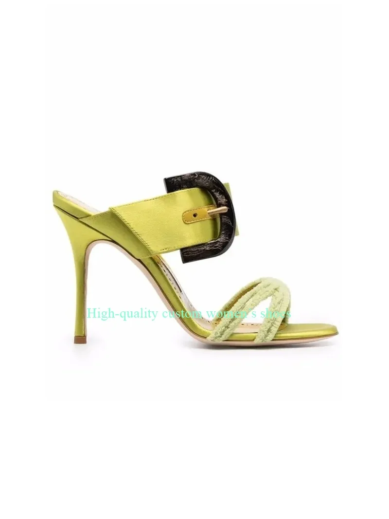 

Round Toe Webbed Toes Cross Fluffy Thin Strap Satin Fabric Spliced Sandals Broadband Large Belt Buckle Decorative Stiletto Heels