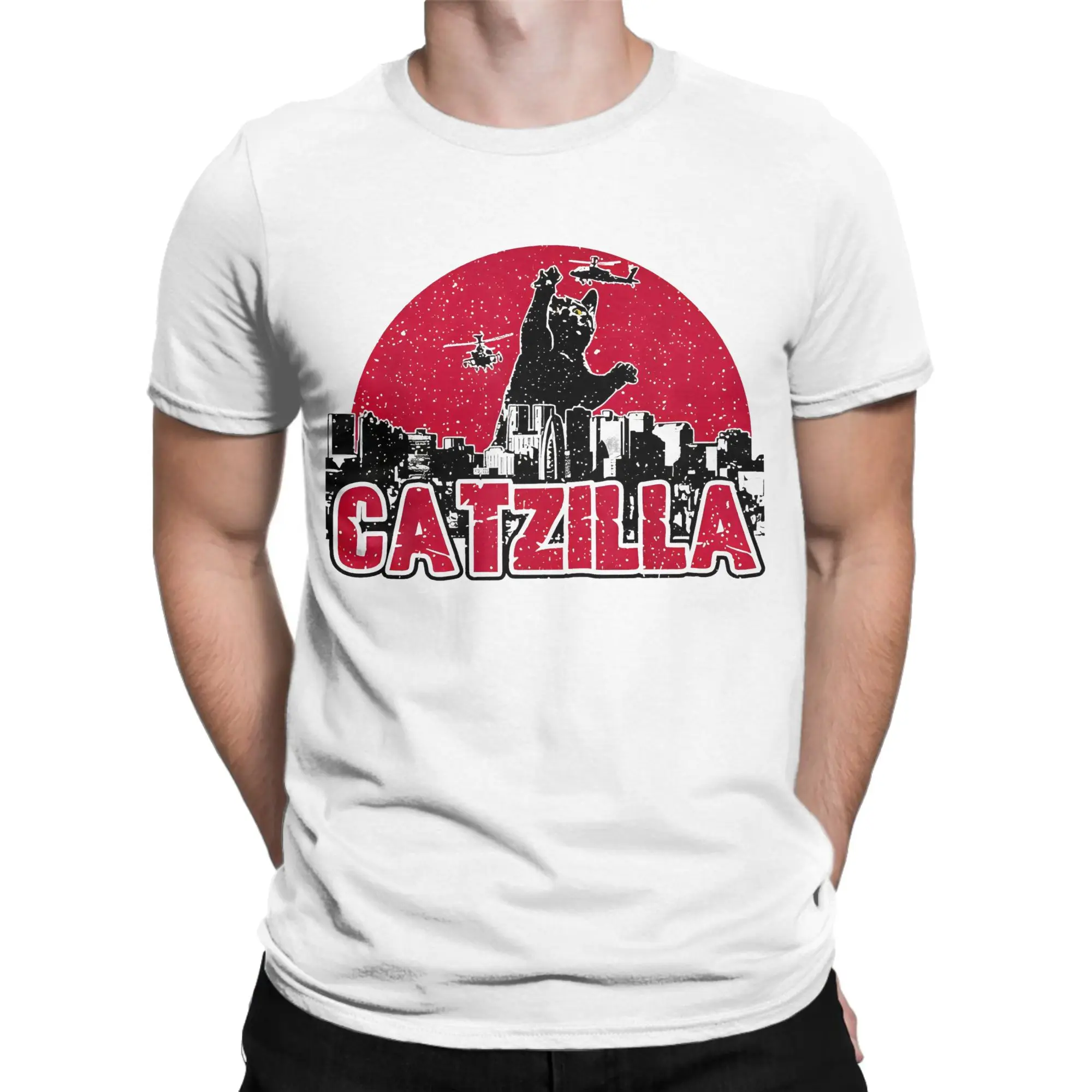 Funny Catzilla Destruction Retro Graphic T Shirts for Men 100% Cotton T-Shirts O Neck  Tee Shirt Short Sleeve Clothes