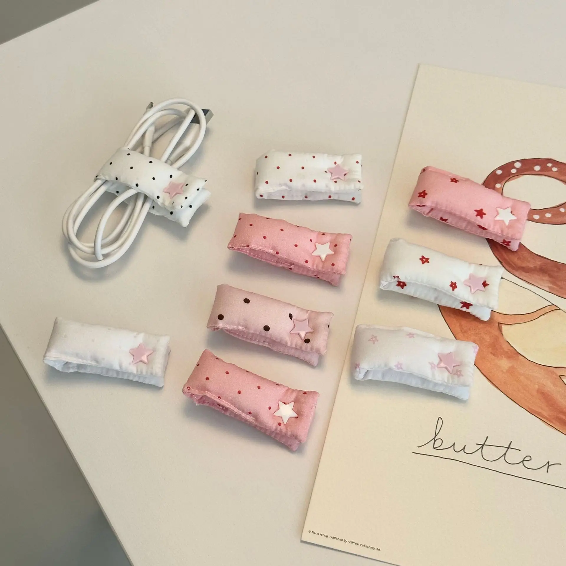 Cute Polka Dot Star Fabric Cable Winder Reusable Cord Buckle for Charging Cable Earphone Wire Management