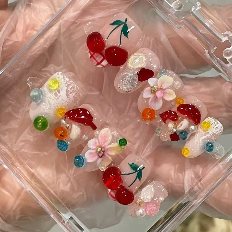 

10Pcs Short Almond Nails Red 3D Cherry Design Cute Press on Nude Fake Nail With Flowers Handmande Nails For Girl Graduate Gift