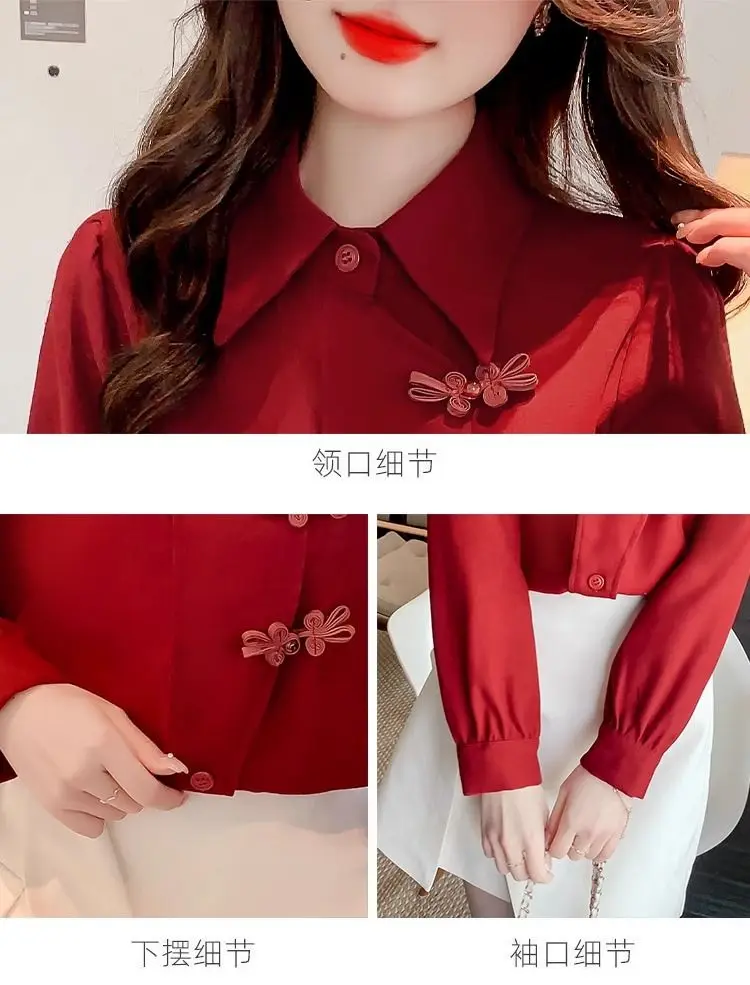 새로운 중국 스타일 복고풍 버클 빨간 셔츠 여성 봄 새로운 기질 셔츠 올해 인기있는 국가 스타일 탑