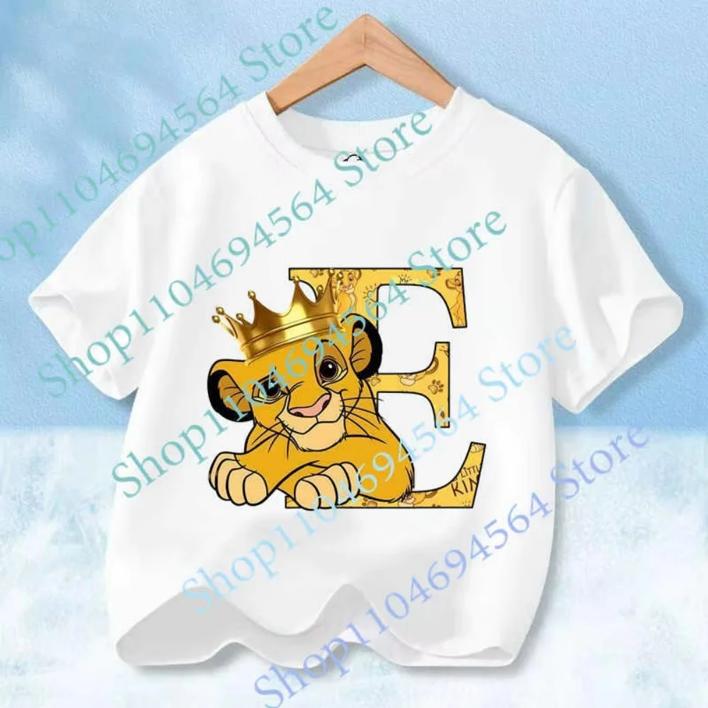 T-shirt enfant Le Roi Lion Simba, imprimé lettre E et couronne avec un adorable motif Simba, idéal pour les tout-petits fans de Disney et pour apprendre l'alphabet.
