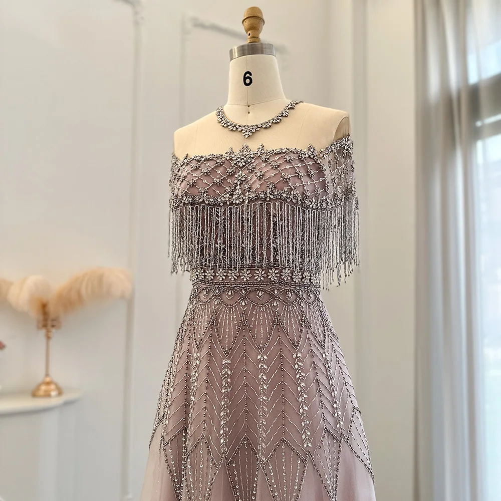 Sharon Said Luxuriöses Abendkleid in Hellrosa, schulterfrei, mit Quasten, Perlen und Kristall-Choker, für formelle Anlässe und Partys, SS061, maßgeschneidert – Detail 5