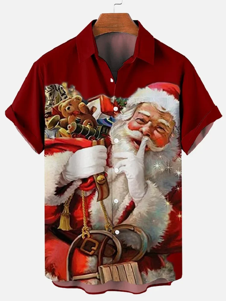 

Men's Retro Elk Christmas Hawaiian Shirt Men Women Fashion Cartoon Santa Claus Shirts Short Sleeve Blouse Festive Holiday Top