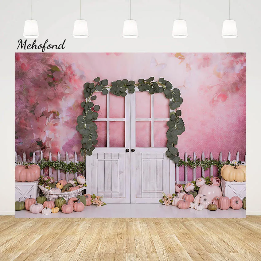Mehomond Fotografie Hintergrund rosa Blumen wand Tür Dekor Baby party Porträt Kürbis grün Blätter Hintergrund Photo zon Studio