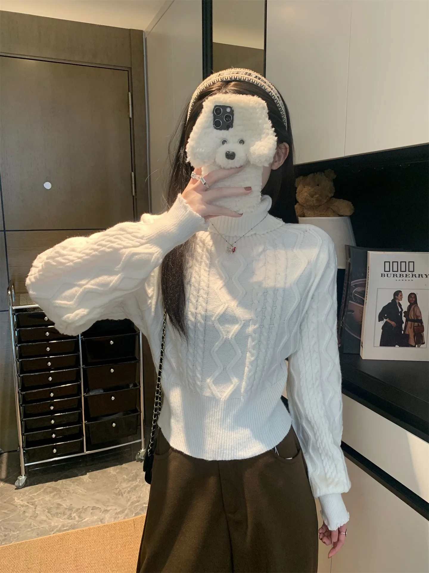 

Утепленный вязаный свитер с высоким воротником и узором косы, приталенный, базовый, повседневный, зимний, модный