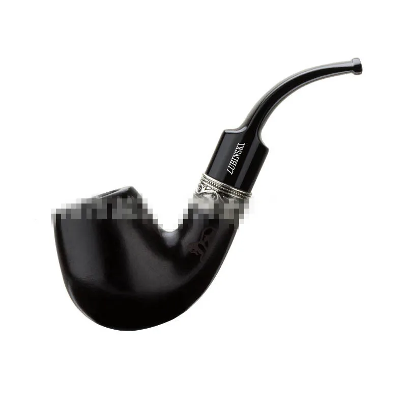 Black Ebony Wood 9mm Flue Filter Tobacco Pipe Men Bent Type Retro Carving Silver Ring Handmade Smoking Pipe Gift Pipe Accessory