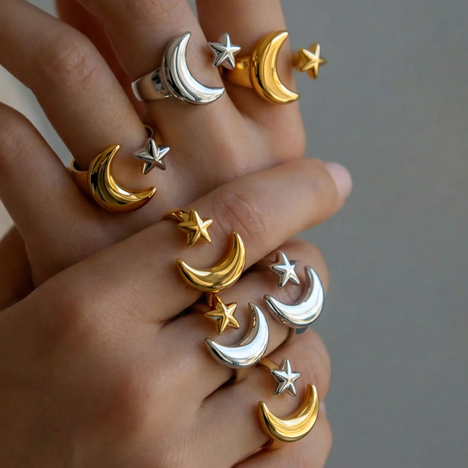 Yupsk Minimalist Two Tone Star Moon Open Ring 18K Gold Color Plated Stainless Steel Universe Ring Women's Jewelry Party Gift