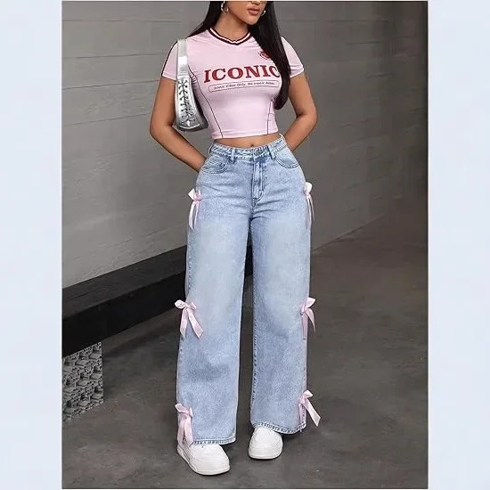

Street Hot Girl Bow Collage Jeans Loose Straight Leg Wide Leg Pants