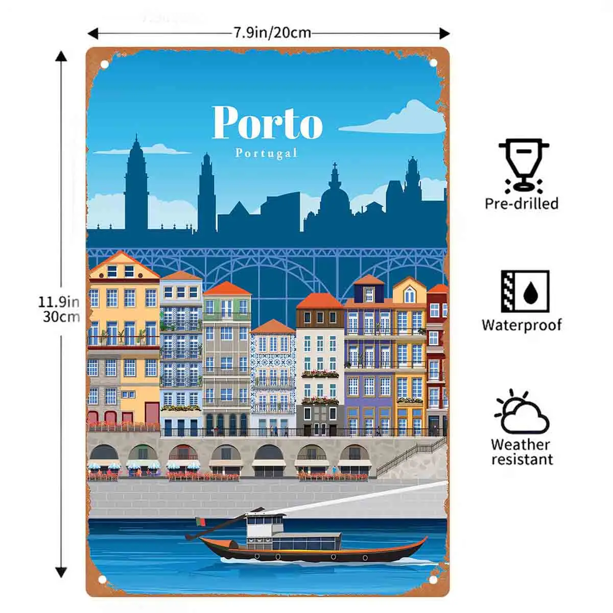 2D FLAT 1pc Porto Portugal Riverside Cityscape Vintage Travel Poster Wall Art Decoration for Home Cafe Garage Bedroom Porch