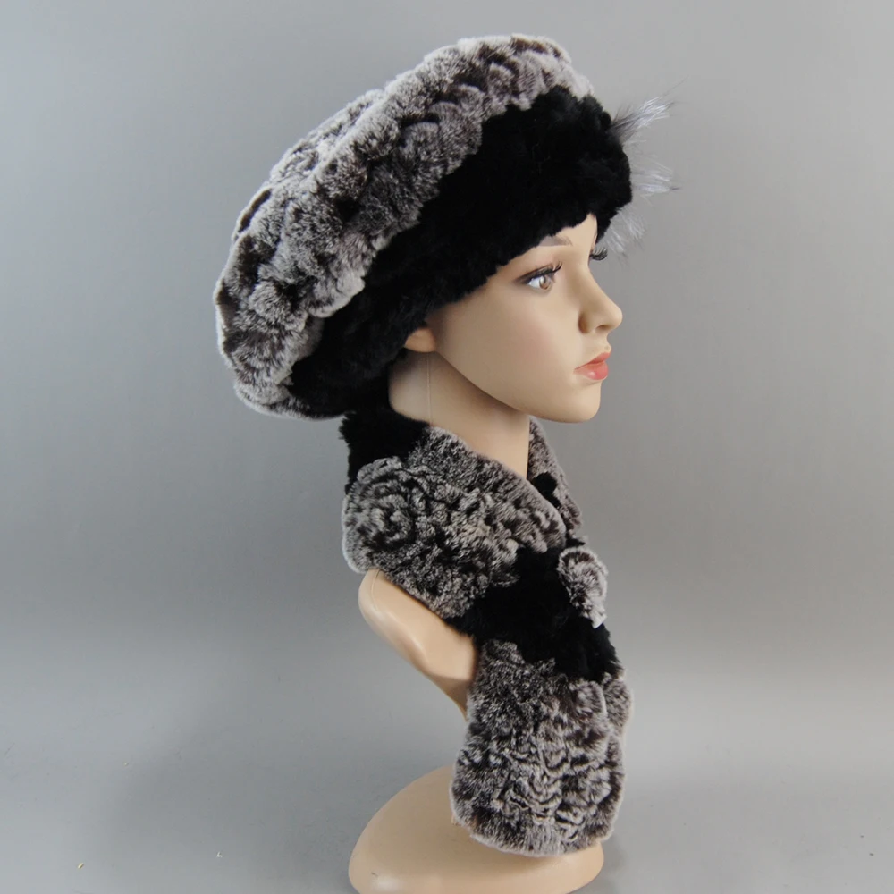 Gorros de piel de conejo Rex para mujer, bufandas 2024 de punto genuino, conjuntos de bufandas, gorro de piel Real cálido, silenciador, novedad de