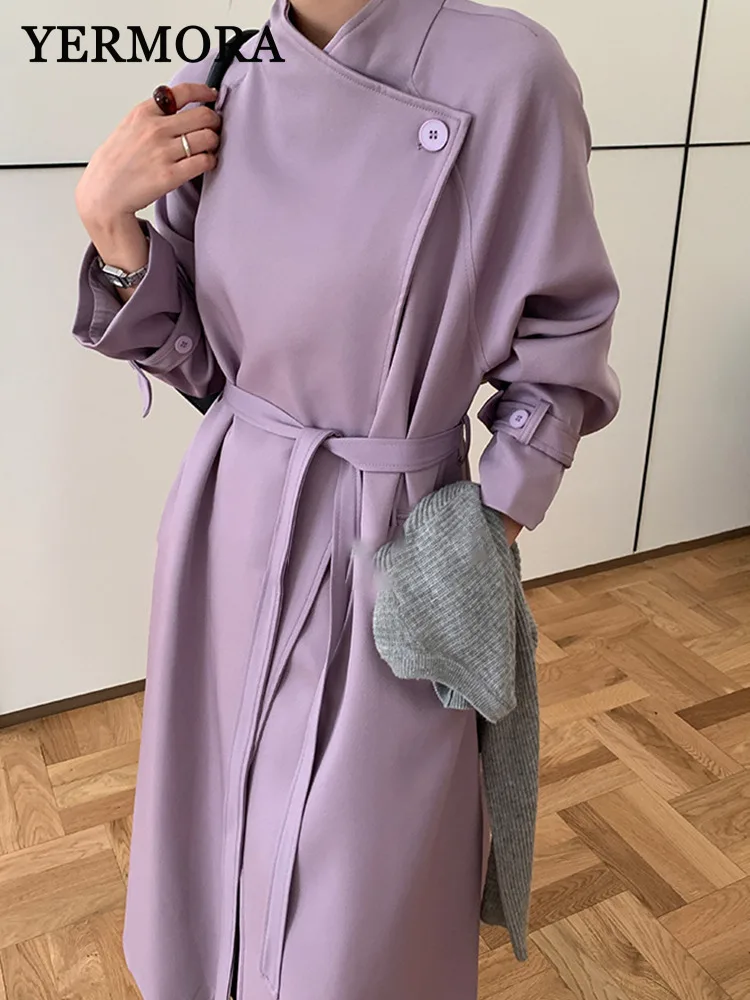 

YERMORA Purple Asymmetric Belt Brief Casual Trench For Women Long Sleeve Loose New Windbreaker Fashion Tide Spring Autumn 2025