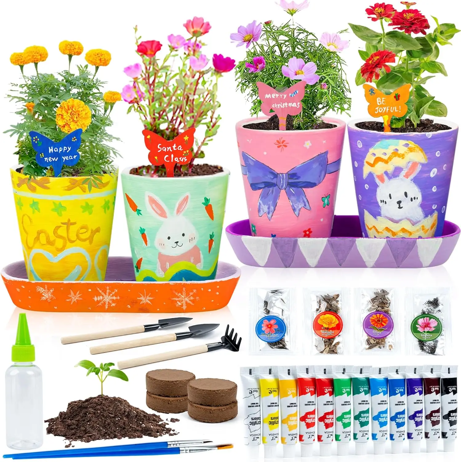 

Kids Gardening Set with Paint and Plant Stoneware Flower Kit, 4 Pots Arts Crafts for Ages 5-12 Best Gift