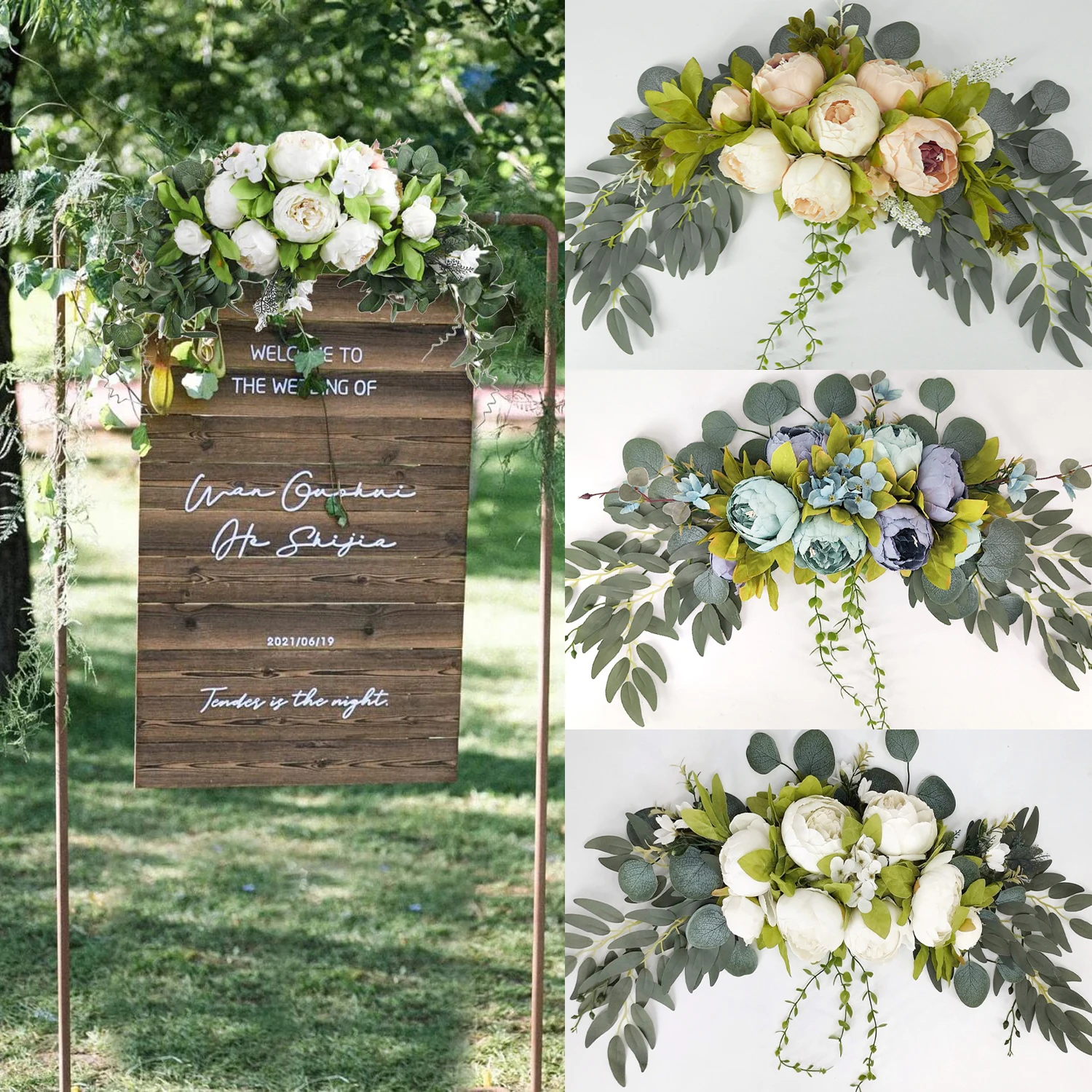 

Yannew Rustic Wedding Arch Flowers Artificial Rose Peony Floral Swag for Lintel Chair Garland Greenery Reception Backdrop Decor